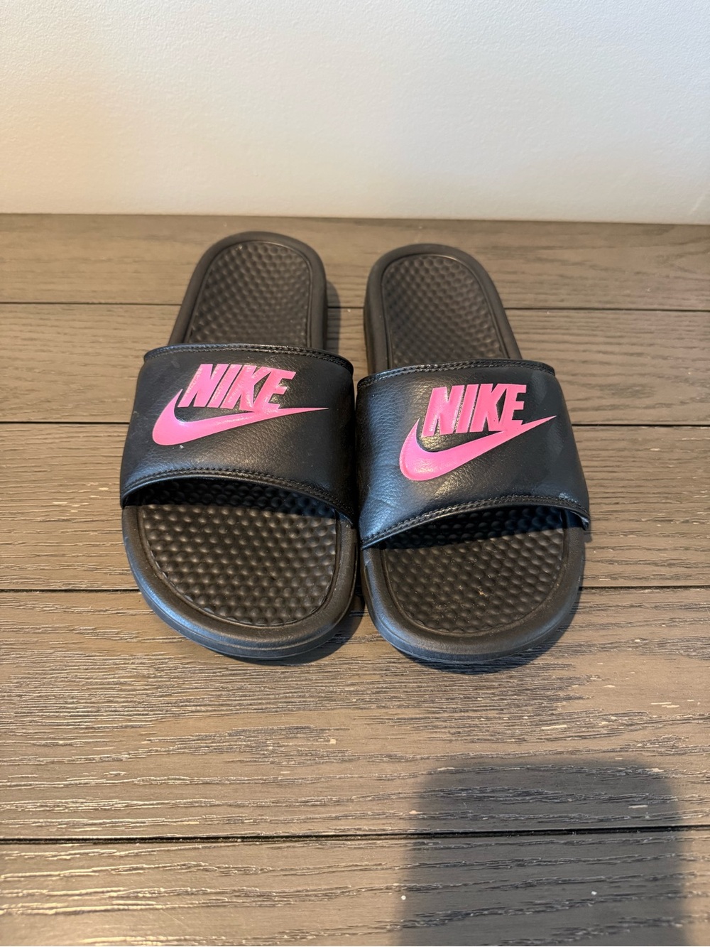 Nike Black Slides with Pink Swoosh - Picture 2 of 5